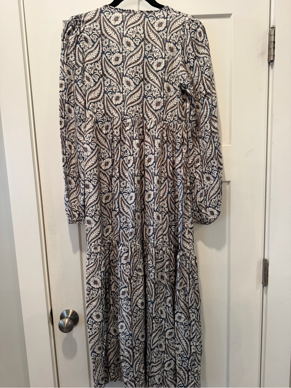 IKOLL Boho Paisley Floral Midi Dress Blue Ivory Long Sleeve Tie Neck Size Medium - Picture 4 of 11
